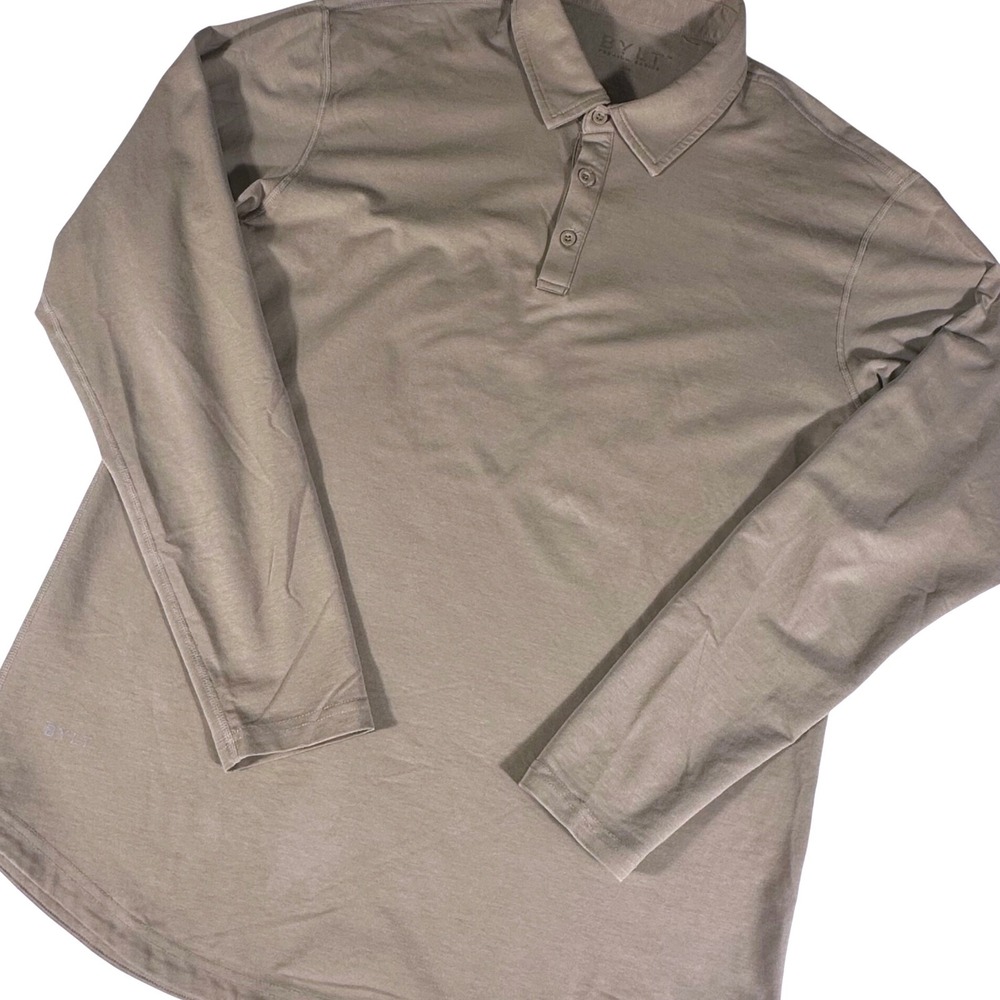 BYLT Long Sleeve Polo Men Large Fawn Lux Cotton Blend Curved Hem Stretch